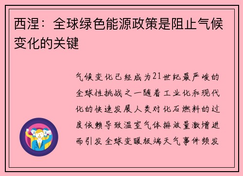 西涅：全球绿色能源政策是阻止气候变化的关键