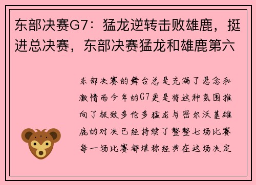 东部决赛G7：猛龙逆转击败雄鹿，挺进总决赛，东部决赛猛龙和雄鹿第六场录像