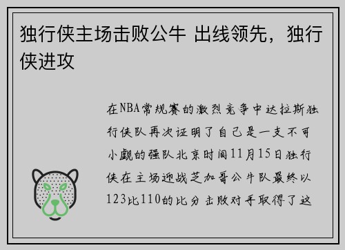独行侠主场击败公牛 出线领先，独行侠进攻
