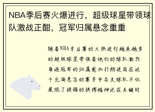 NBA季后赛火爆进行，超级球星带领球队激战正酣，冠军归属悬念重重